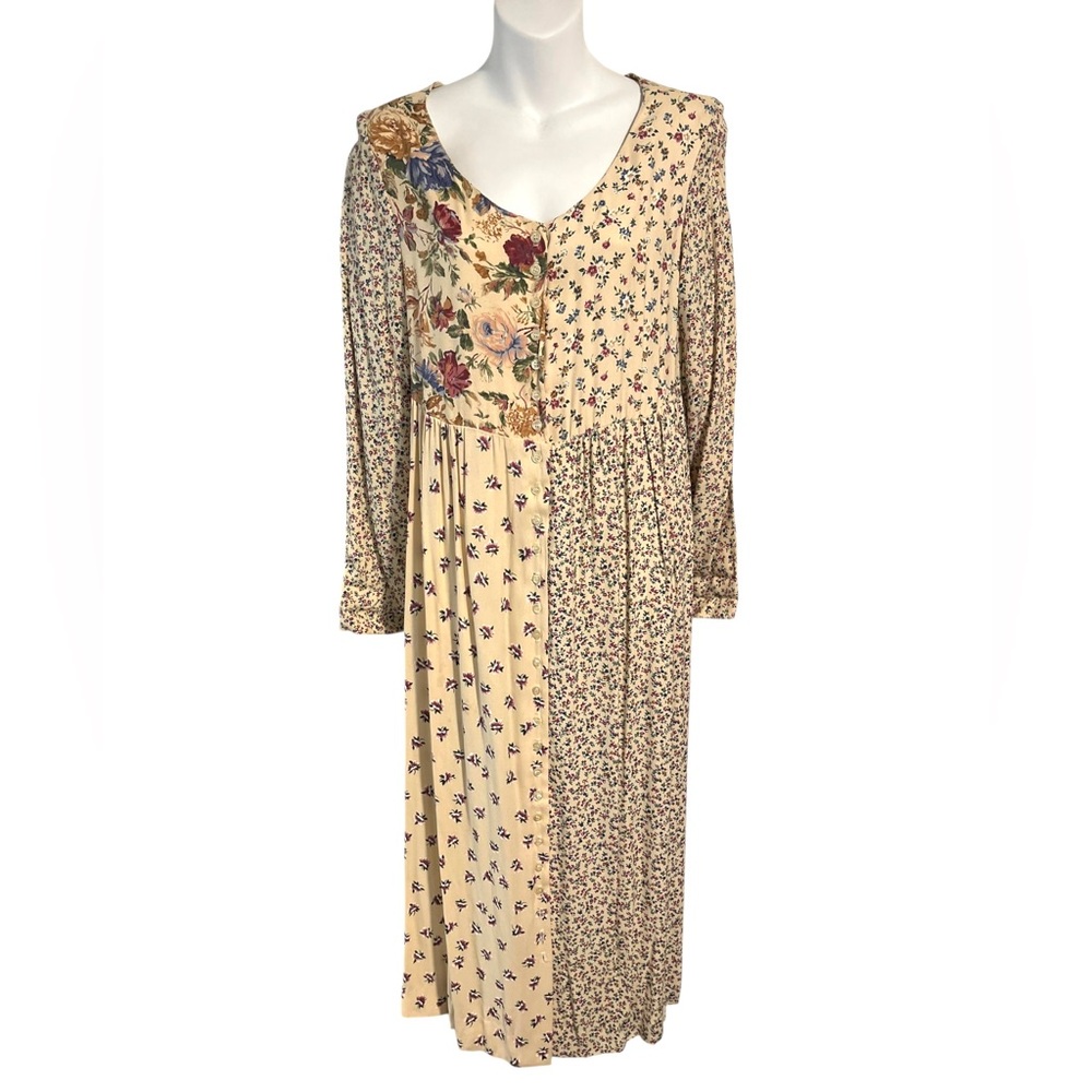 Vintage 90s Patchwork Floral Maxi Button Down Dress Size 10 Cottagecore Prairie